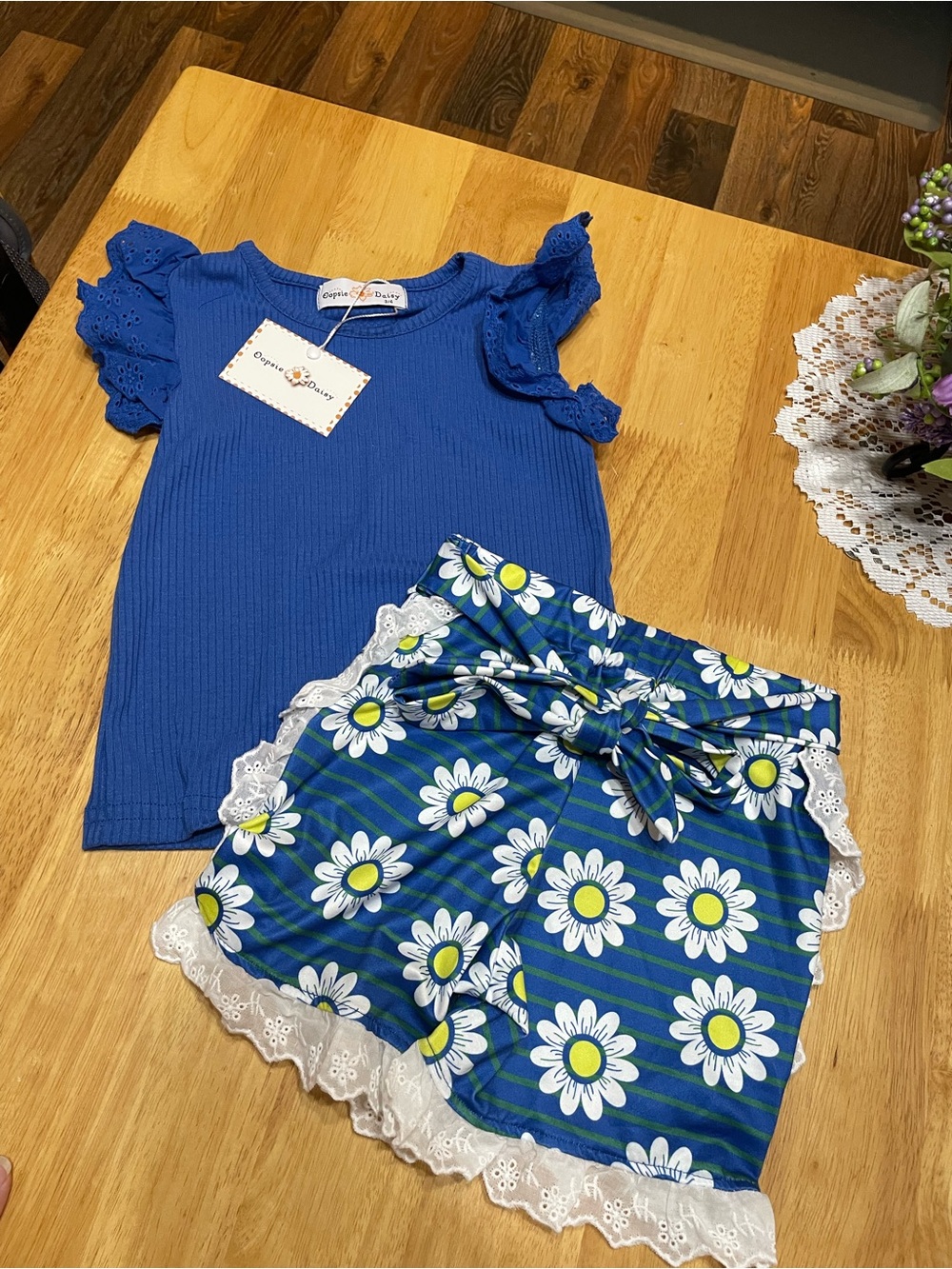 Girls Blue Daisy Lace Trim Pajama Set by (no brand)